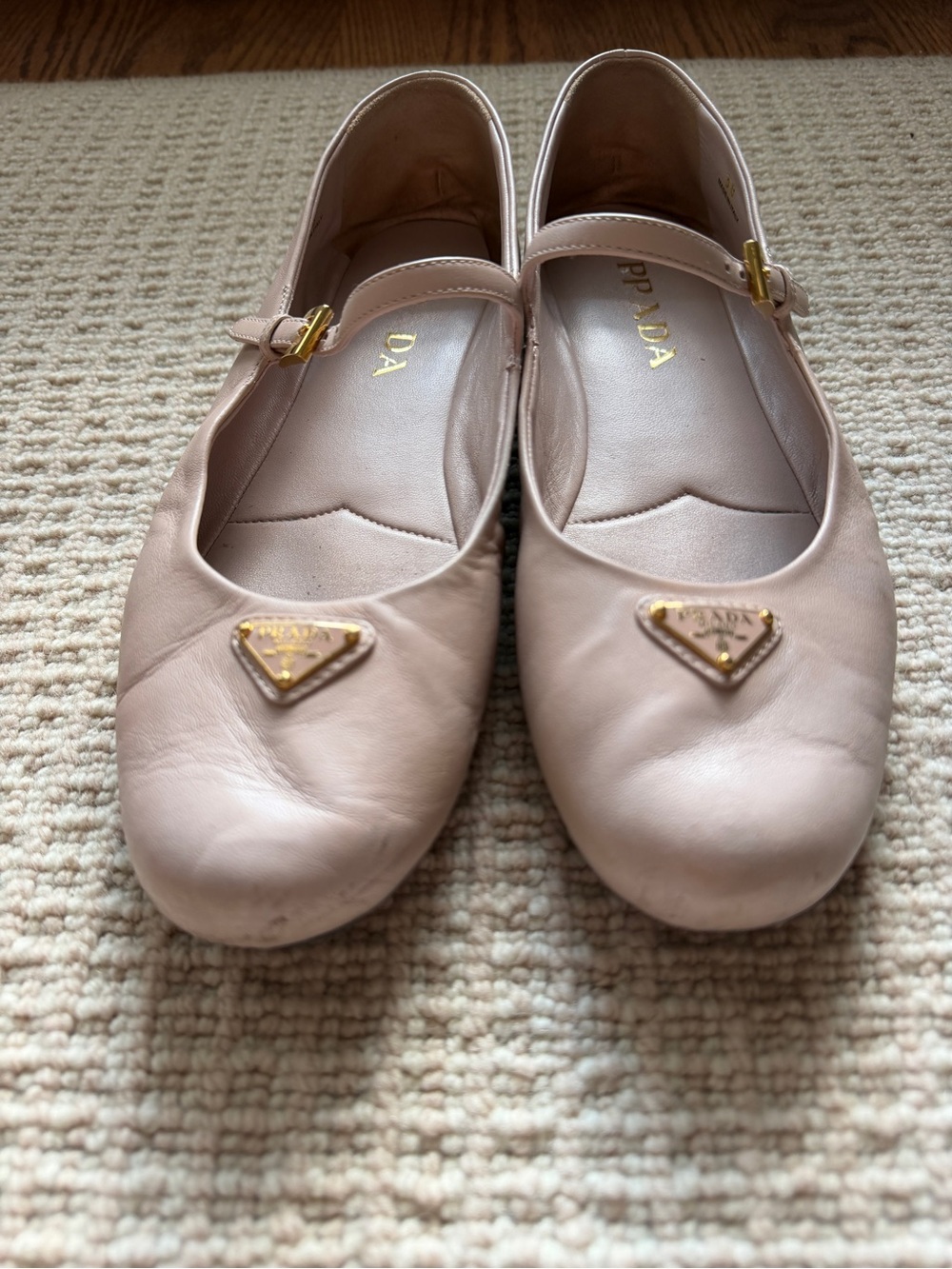 Prada Nude Pink Nappa Leather Mary Jane Ballerinas with Gold Logo - Picture 3 of 4